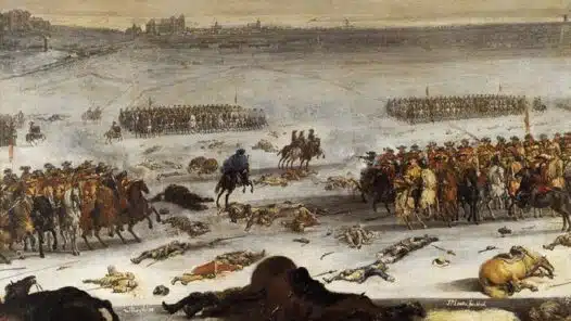 Karl XI slår sig igenom fientliga skvadroner i Slaget vid Lund 1676.