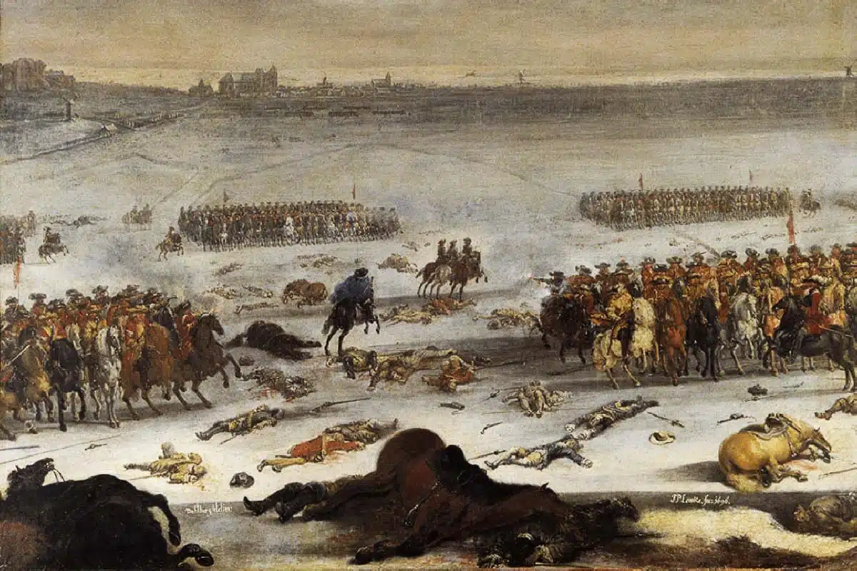 Karl XI slår sig igenom fientliga skvadroner i Slaget vid Lund 1676.